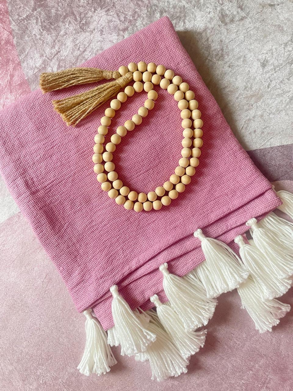 Dusky Pink Throw Blanket with White Tassels