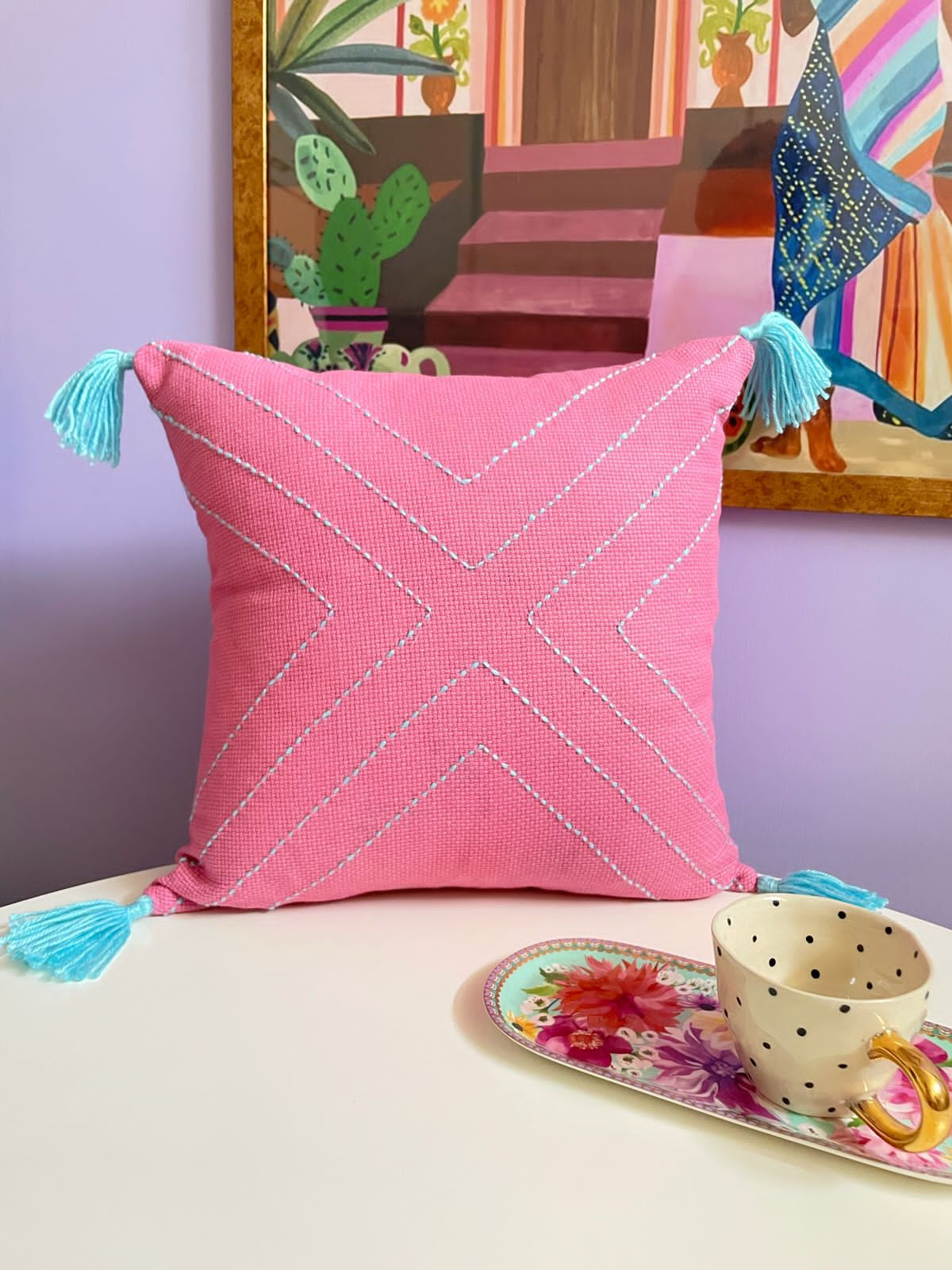 Pink embroidered cushion best sale